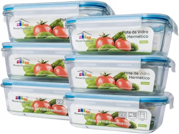 Conjunto Organizador de Casa com 6 Potes de Vidro Herméticos de 1040ml - Melhor Preço
