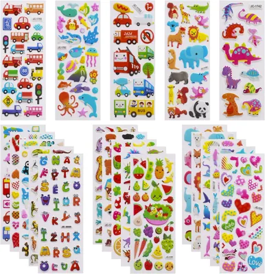 Meafeng 3D Stickerar för Barn 550+, 24 stk Fluffiga Stickerar, Passar till Belohningsskorstollar, Med Inbehållna Djur, Biler, Nu
