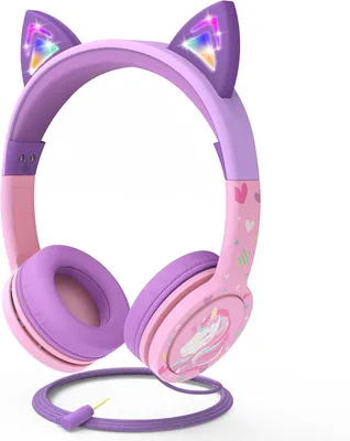 FosPower Barn Höjare Med LED-Blytt och Katteöar, 3.5 mm On-Ear Audiohöjare för Barn med Tangfritt Kabel