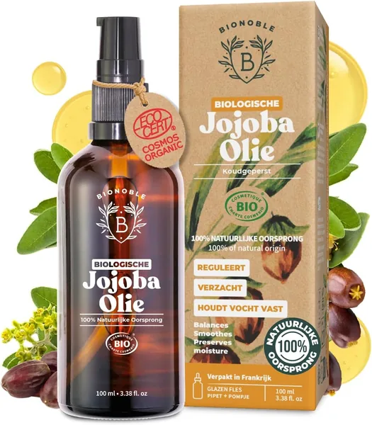 BIONOBLE Organische Jojoba Olie Koudgeperst 100% zuiver - Reguleren van Sebum, Zacht, Anti-acne - Haarolie, Gelaat, Lichaam - Vegan Jojob