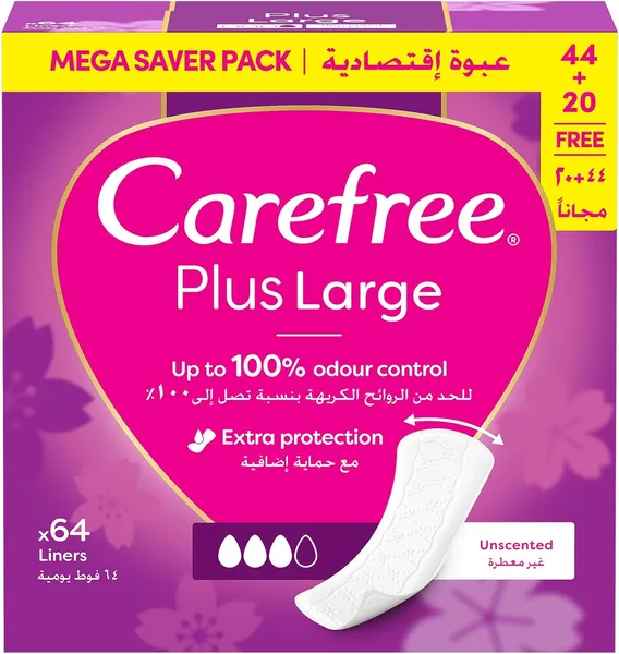 Carefree Daily Panty Liners, Large, Unscent, Pack of 64