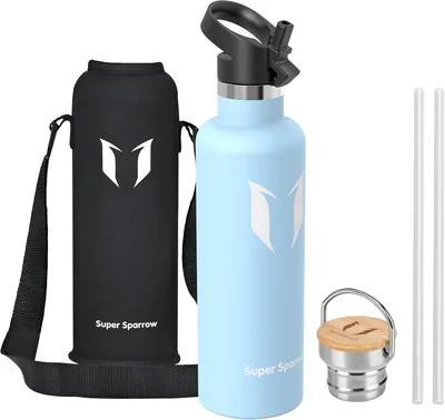 Bouteille Isolée Sparrow - 0,5L/0,75L/1L - Bouteille en Acier Inoxydable avec Paille | Étanche, Machine à Laver, Sans BPA, Froid & Chaud