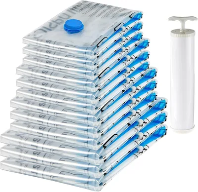 Amazon Basics Vakuumbeutel für Kleidung mit Luftverschlussventil und Handpumpe, 3 x Jumbo, 3 x Groß, 3 x Mittel, 3 x Klein | Best Deal