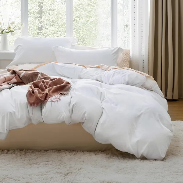 Bedsure White Duvet Cover Queen Size - 3 Pieces Prewashed Cotton-Like Extra Soft Bedding Set