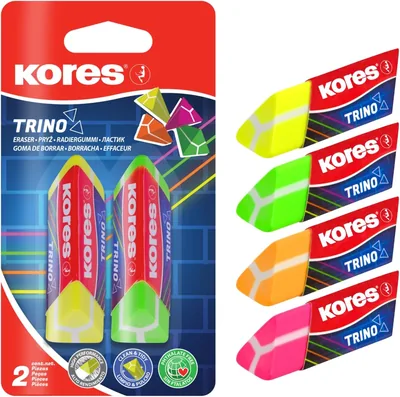 Kores Trino Triangular Design Paper Sleeved PVC Erasers, Neon (60x20x18mm)