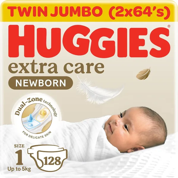 Huggies Extra Care Newborn Baby Diapers Size 1 (Up to 5 kg) Twin Jumbo Pack 128