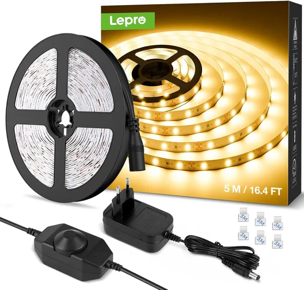 LE 5 m Dimmable LED Strip Set, Warm White LED Strips, 12 V, Self-Adhesive Flexible DIY LED Band, IP20 LED Strip, LED Light Strip with Power Supply and Controller for Indoors