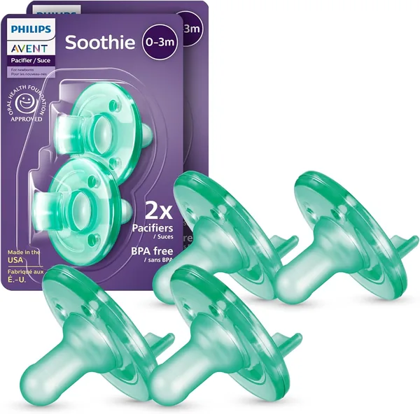 Philips Avent Soothie Baby Pacifiers - 100% Silicone Pacifiers for Babies 0-3 Months, One-piece Design, BPA-Free, Extra Durable, Green, 4 Pack, Model SCF190/41