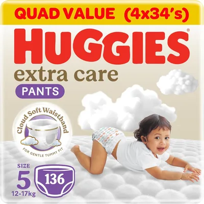Huggies Extra Care Baby Culottes Size 5 (12-17 kg), Super Mega Pack, 136 Diaper Pants - 38% Off