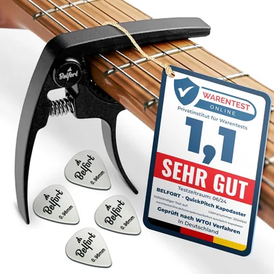 Belfort® Original QuickPitch Capo für Gitarre + 3 Plektren + kostenloses E-Book (Sprache nicht garantiert)