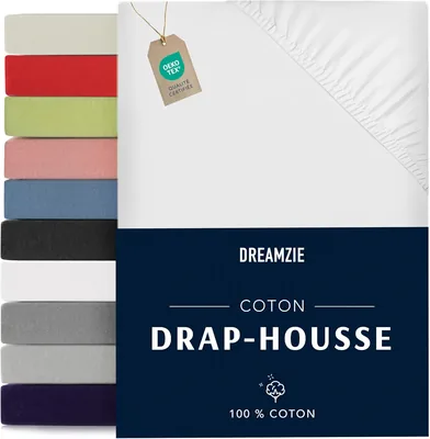 Dreamzie - Feuille de lit ajustée 140 x 190/200 cm - Blanche - 100% Certifiée Oeko Tex Coton Jersey - Meilleure Offre