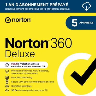 Norton 360 Deluxe 2026 | 5 appareils | Abonnement 1 an - Téléchargement