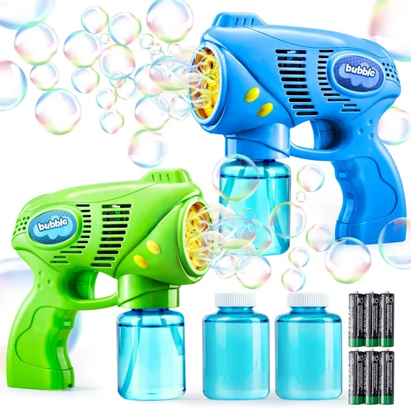 JOYIN 2 Bubble Guns with 2 Bottles Bubble Refill Solution (10 oz Total), Bubble Machine for Toddlers 1-3, Bubble Blaster Party Favors, Summer Toy, Outdoors Activity, Easter, Birthd