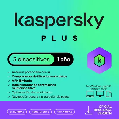 Kaspersky Plus Seguridad Internet 2026 | 3 Dispositivos | 1 año | Anti-Phishing y Firewall | VPN Ilimitada | Gestor de contraseñas - 67% de descuento