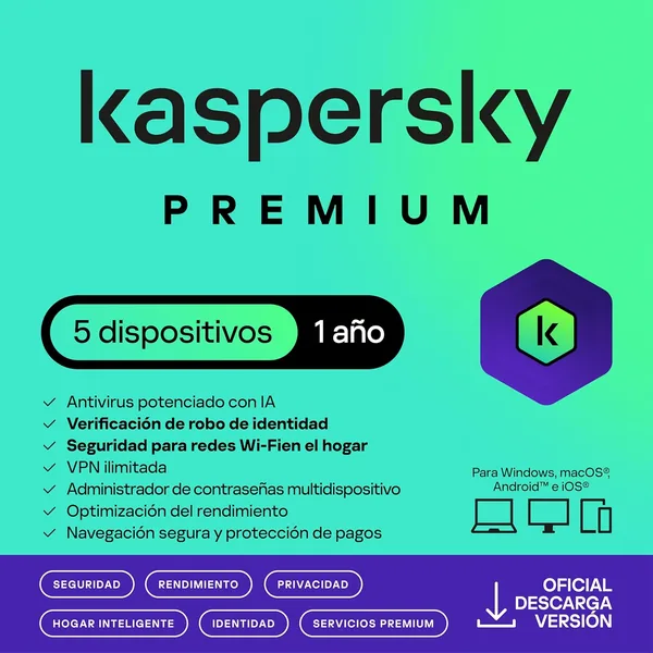 Kaspersky Premium Total Security 2026 | 5 Dispositivos | 1 Año | Anti-Phishing y Firewall | VPN Ilimitada | Gestor de Contraseñas - 72% de Descuento