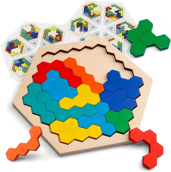 Coogam Wooden Hexagon Puzzle - Brain Teaser Toy for Kids & Adults