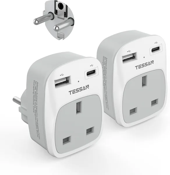 TESSAN Schuko Grounded Euro Plug Adapter 2 Pack