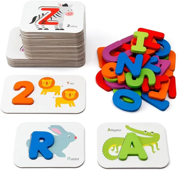Coogam Numbers & Alphabets Flash Cards Set - Wooden ABC Letters & Numbers Puzzle Game for Kids