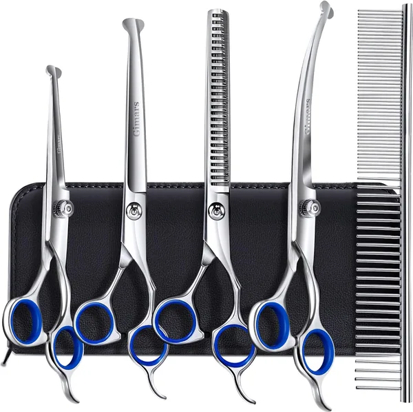 Gimars 4CR Stainless Steel Dog Grooming Scharen Set met Rond Veilig Tips, Heavy Duty Titanium Coated Pet Groomer