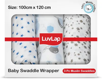 LuvLap 100% कॉटन मस्लिन बेबी स्वैडल सेट, बच्चों का तौलिया, 120cm x 100cm (47"x39"), सफ़ेद पर सितारे छपे, 0-18 महीने+, प्राइम