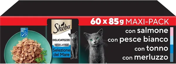 Sheba Delizie in Gelato: Tonno, Salmone, Pesce Bianco e Cod, Cibo Umido Completo per Gatti Adulti, 60 x 85g