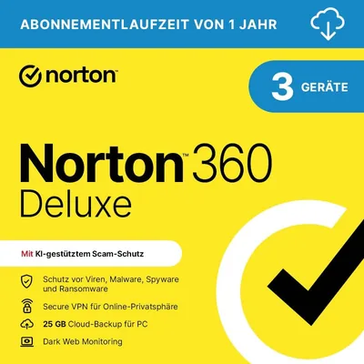 Norton 360 Deluxe 2023 | 3 Geräte | Antivirus | Unbegrenzter Sicherer VPN & Passwort-Manager | 1 Jahr | PC, Mac oder Mobilgerät | Best Deal