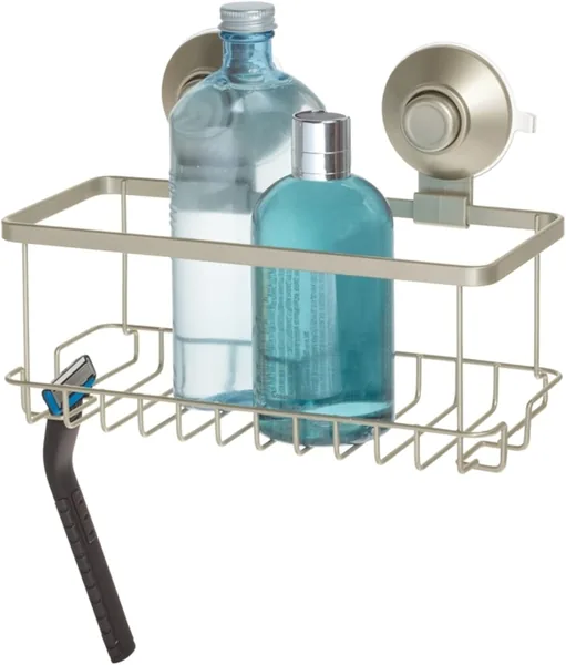 iDesign Everett Drill Bathroom, Small Metal Basket with Push-Lock Suction Cups, Hanging Storage for Shampoo and Soap with Hoo