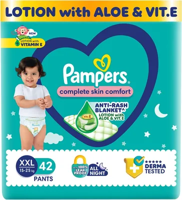 Pampers Complete Skin Comfort पैंट्स (XXL), 42 काउंट, एंटी-रश ब्लैनेट, लोशन विथ विटामिन ई और एलो वेरा, डबल एक्सट्रा लार्ज - 38% ऑफ