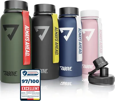 Bottiglia d'Acqua in Acciaio Inox da 1L - Doppia Parete Isolata, BPA Free - Mantiene Calda e Fredda per 24 Ore - 2 Tappo Inclusi