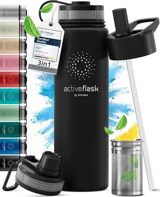 Butelka do picia ze stali nierdzewnej ACTIVE FLASK + słomka (3 pokrywki) bez BPA, szczelna, odporna na dwutlenek węgla