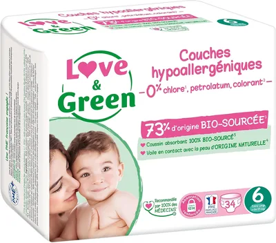 Love & Green - Poussettes Bébé Écologiques et Saines - Taille 6 (15+ kg) - 34 couches - Absorbantes, sans fuites et douces