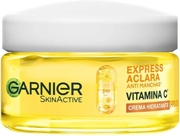Garnier Express Aclara Crema Hidratante Antimanchas con Vitamina C y FPS 30 - Unifica el Tono de la Piel - Protege de Rayos UVA/UVB - Cuidado Facial Diario, 50 ml | 44% Descuento