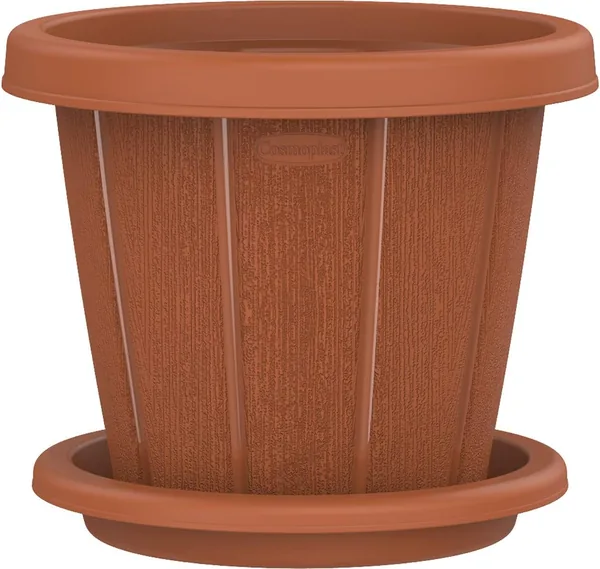 Cosmoplast Plastic Woodgrain Round Flowerpot with Tray