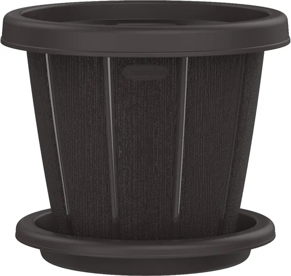 Cosmoplast Plastic Woodgrain Round Flowerpot with Tray