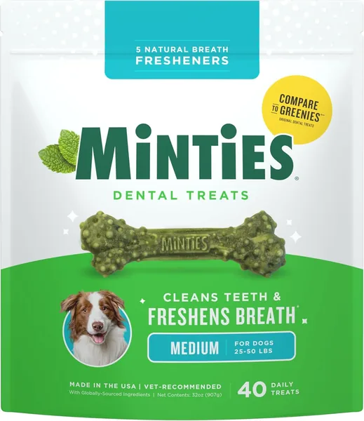 Minties Dental Chews for Dogs, 40 Count, Vet-Recommended Mint-Flavored Dental Dog Treats for Medium 