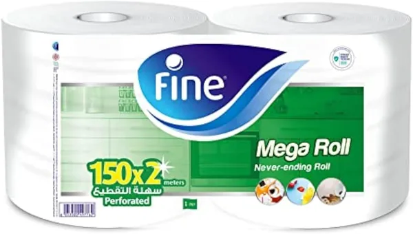 Fine Sterilized Kitchen Towel Mega Roll, 150 meters Long - Pack of 2 Big kitchen tissue roll, Highly absorbent and sterilized paper towel