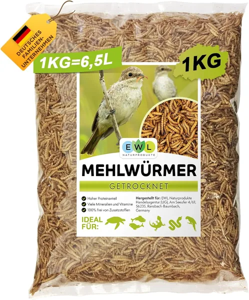 Dried Mealworms 1 kg = 6500 ml Insektensnack für Vögel, Fische, Schildkröten, Nagetiere und Reptilien, Vogelnahrung Wildvögel das ganze Jahr über