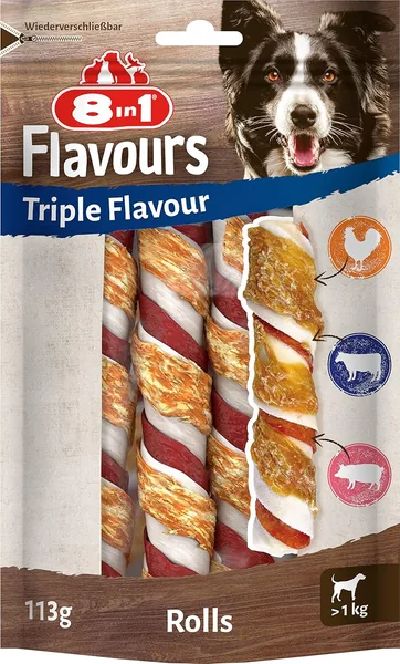 8in1 Triple Flavour Rolls Chew Sticks for Dogs - Chew Snacks with Extra Meat, 113 g Pouch (Pack of 3)