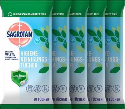 Sagrotan Hygienische Reinigungstücher - Für praktische Reinigung und Desinfektion von Oberflächen - 5 x 60 Feuchttücher in wiederverschließbarer Packung (55% Off)