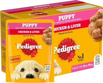 पेडिग्रे वेट फूड पपी के लिए, चिकन चंक्स ग्रेवी फ्लेवर (15 x 70g पैक)
