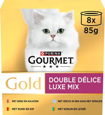Gourmet Gold Luxe mix Katensvoer, nat voer met rundvlees, kip, eend, kalkoen, konijn en lever, zeevruchten in saus met spierveel - 36% korting