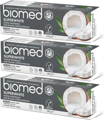 Biomed Superwhite 97% Naturligt Vitningstjäna/Tandglansförbätare | Kokosnötflavör, Vegan, SLS Fritt 3x100g - 90% Avanmärkt!