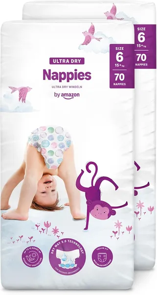 By Amazon Ultra-Dry Diapers, Size 6 (15+ kg), Channeled, White, 140 Count (2 Packs of 70)