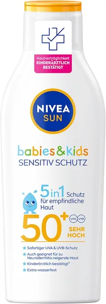 Nivea Sun Kids Sensitive Protect & Care Sonnencreme SPF 50+ (200 ml), wasserdichte Sonnenlotion für empfindliche Kinder