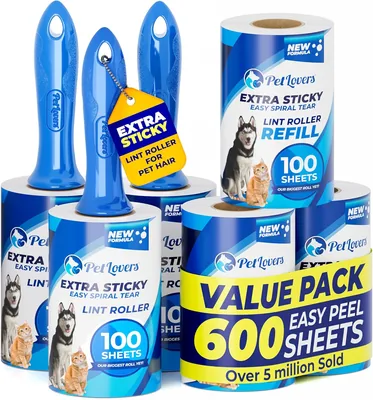 PetLovers Set de 600 Hojas Quita Pelusa para Ropa - Rodillo Quita Pelusa Extra Pegajoso, Rodillo Quita Pelos de Mascotas - Pa