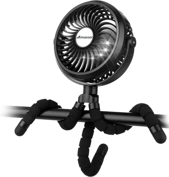 Amacool Portable Pram Fan Battery Operated Stroller Fan Flexible Tripod Clip On fan with 3 Speeds and Rotatable Handheld Personal fans for Car Seat Crib Bike Treadmill(Black) (Pack of 2)