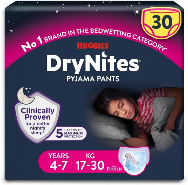 Huggies DryNites Pyjama Pants Girl's 4-7 Years 30 x Bedwetting Pants Up to 100% Leak Free Nights