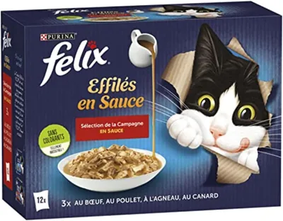 FELIX Tendres Tapered en Sauce | Chat Adultes | Sélection de Viande Bœuf, Poulet, Canard et Agneau | Pack de 12 x 85g | Sac Frais