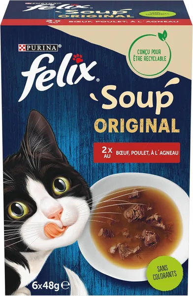 FELIX | Soupe Originale pour Chats Adultes | 8 Sachets de 48g (Bœuf, Poulet et Agneau) | Aliment Wet Food Frais