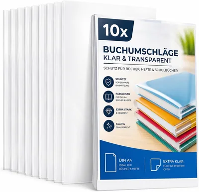 TK Gruppe Timo Klingler 10er Buchumschlag - Transparent Klar DIN A4 - für Bücher/Hefte, Buchumschlag/Schutz für Schule & Büro